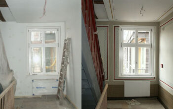 Treppenpodest 1. OG, Fensterwand zum Hof, Vorarbeiten (1.Bild) und fertiggestellter Podestbereich (2.Bild)