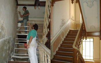 Vorarbeiten im Treppenhaus und fertiggestellter Treppenaufgang
